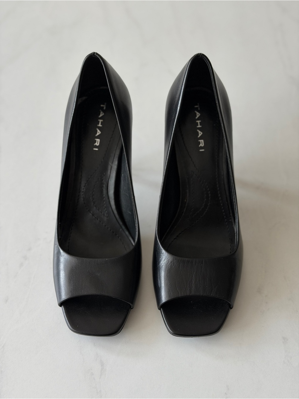 Black Leather Square Peep Toe Stiletto Pumps